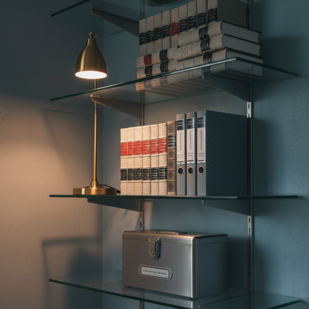A clean glass shelf in a corner of a room holding several rows of white books with black, red, and blue details on their s...