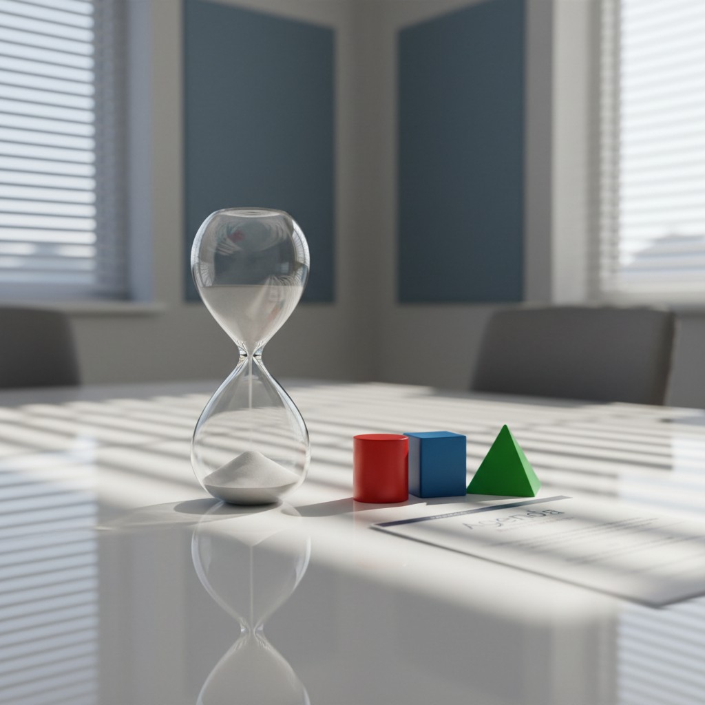An hourglass sitting on a table, surrounded by shapes and papers, with blinds casting shadows in the background.
