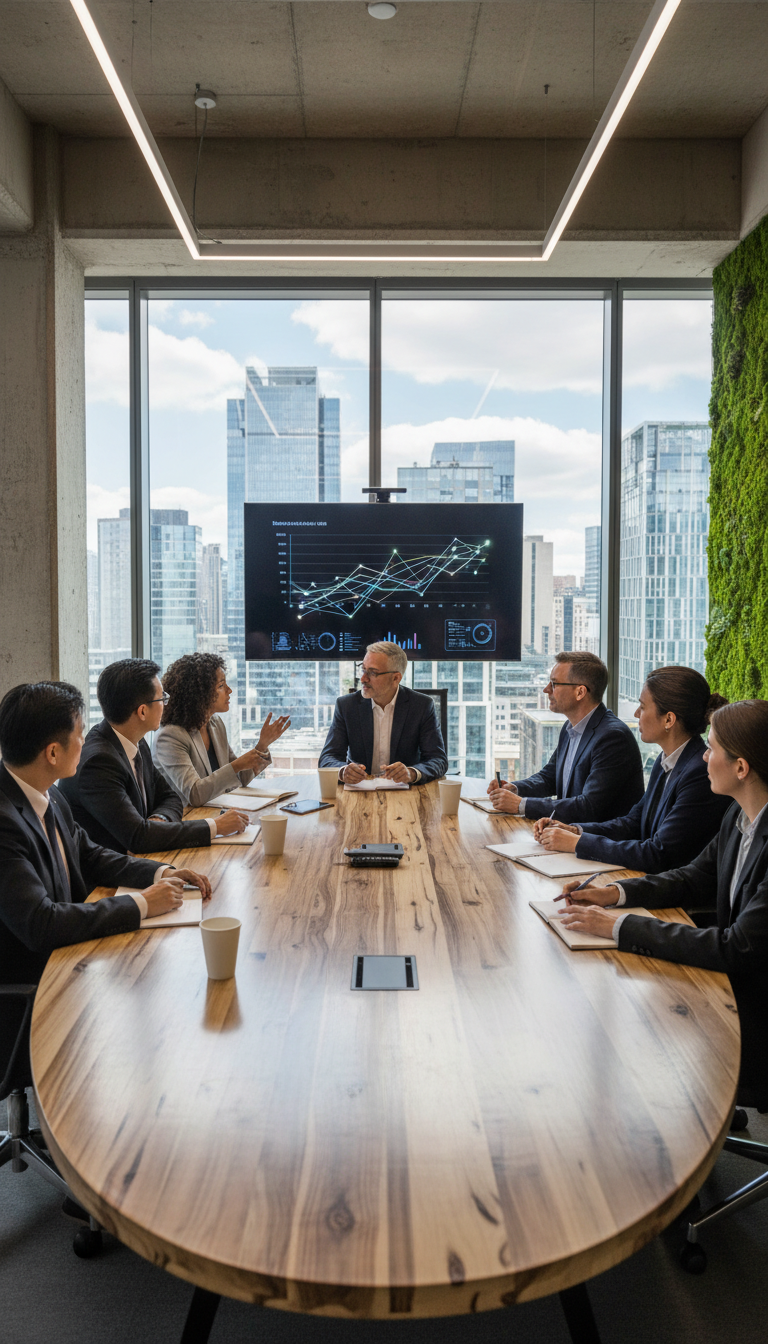 meeting room with at least 6 people of different ethnicities and genders